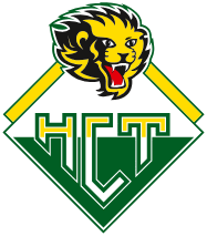 Grünes und gelbes HCT-Logo mit einem brüllenden Löwenkopf über einem rautenförmigen Emblem.