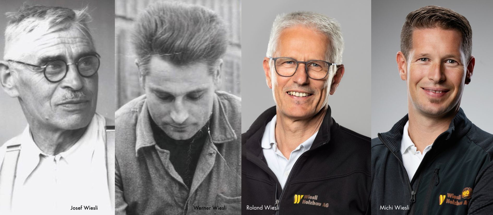 Vier Porträtfotos desselben Mannes in Graustufen und Farbe, der eine Brille und eine schwarze Jacke trägt.