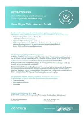 Bestätigung über die Umsetzung einer Maßnahme zur Förderung sozialer Verantwortung