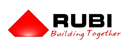 Logotipo con forma roja y texto negro “RUBI Building Together”.