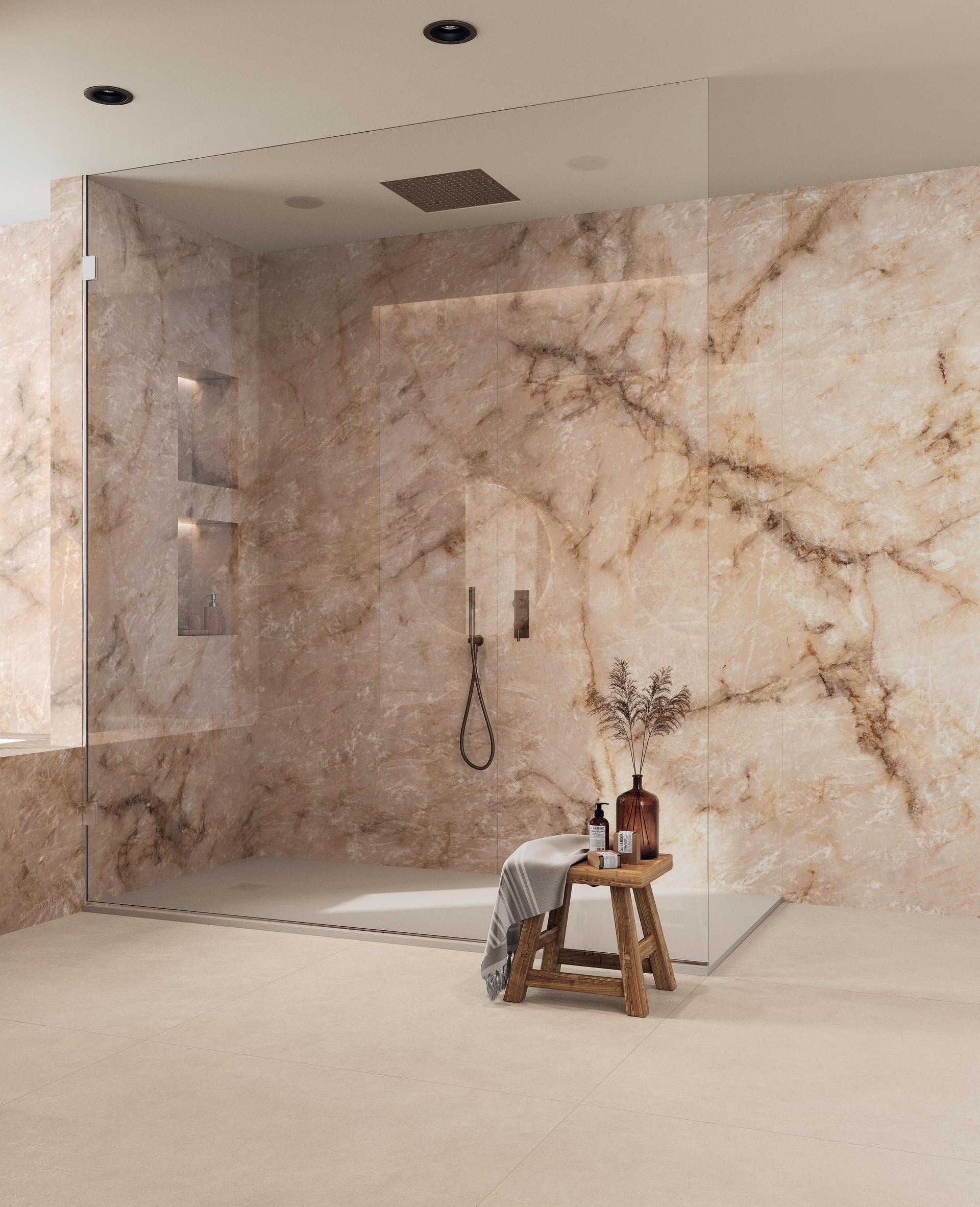 spa luxueux avec sol et murs en marbre blanc 