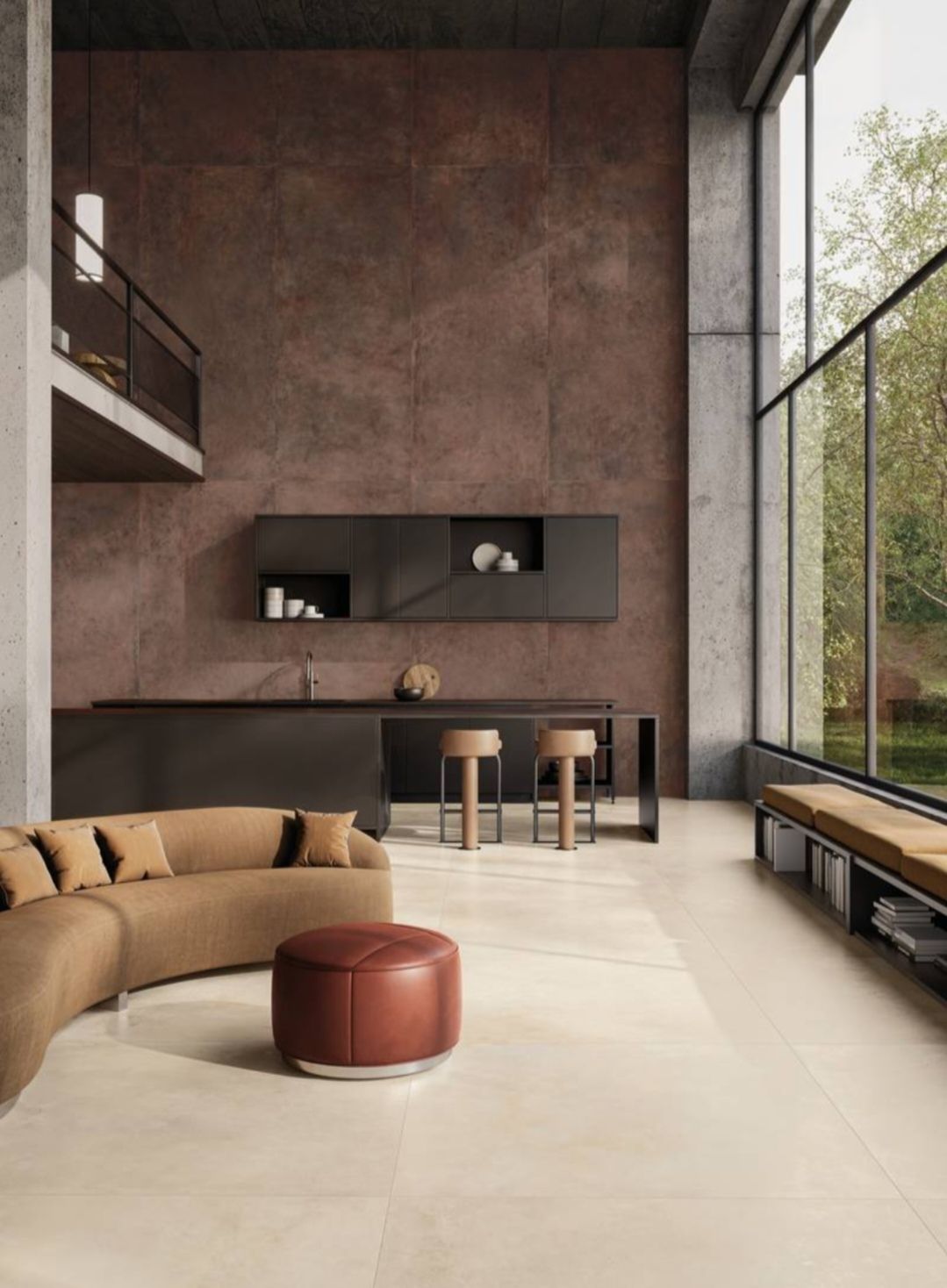 Composition minimaliste en vase avec feuille verte sur fond de carrelage géométrique beige.