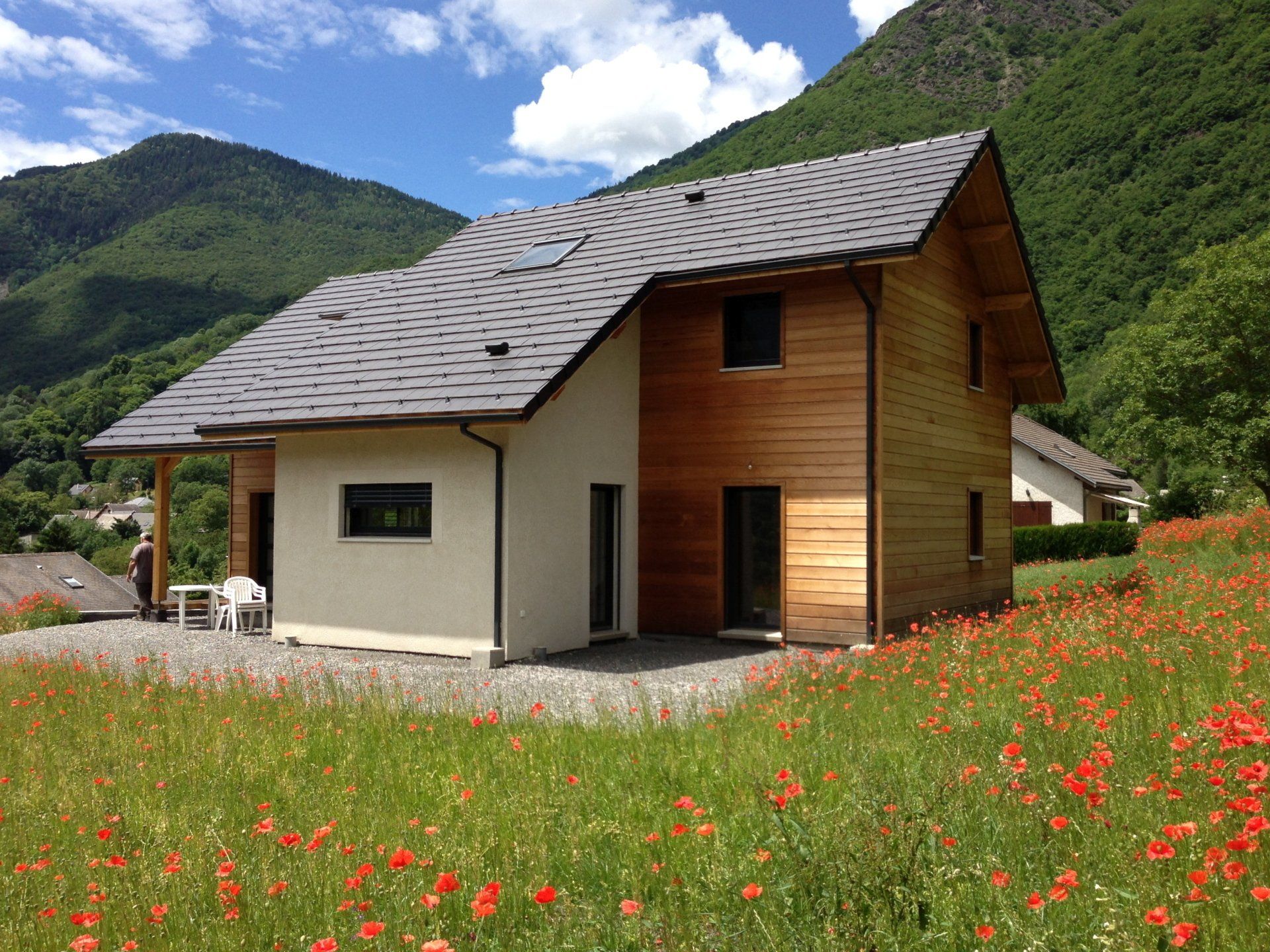 Ossature bois, bardage mélèze et crépi