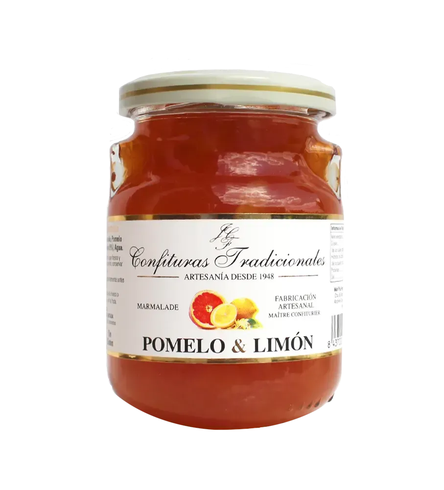 Tarro de mermelada de pomelo rosa y limón con etiqueta color crema y tapa dorada.