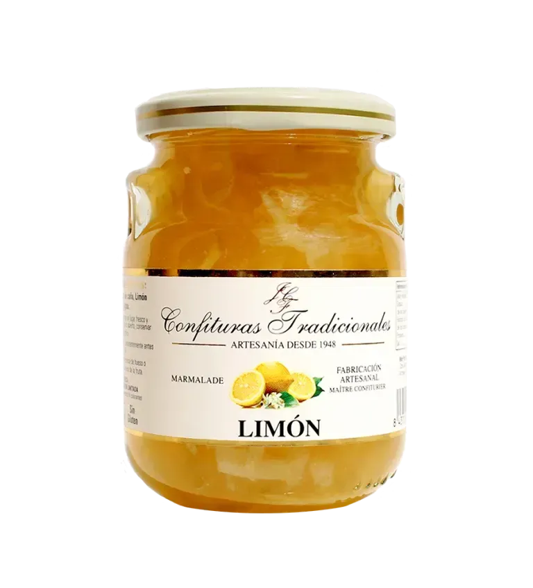Tarro de mermelada de limón casera con etiqueta color crema e ilustración de fruta amarilla.