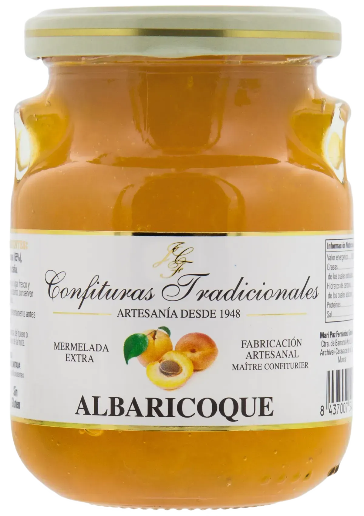 Tarro de mermelada de albaricoque Albaricoque con etiqueta blanca y tapa dorada.
