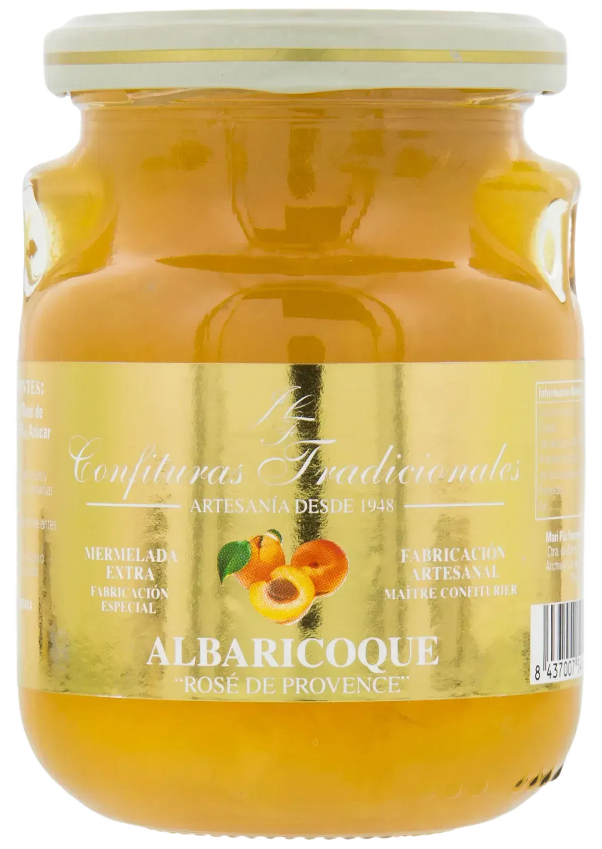 Tarro de mermelada de albaricoque con etiqueta color crema y contenido amarillo anaranjado.