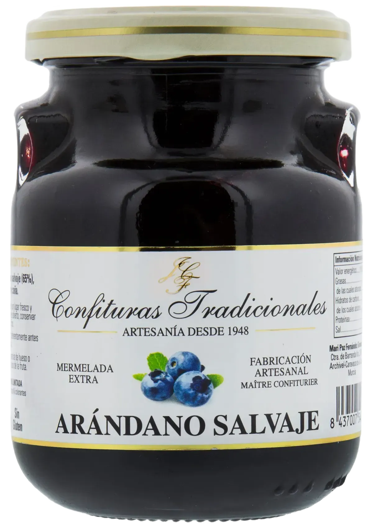 Tarro de mermelada de frutos negros con la etiqueta “Arándano Salvaje” y tapa dorada.