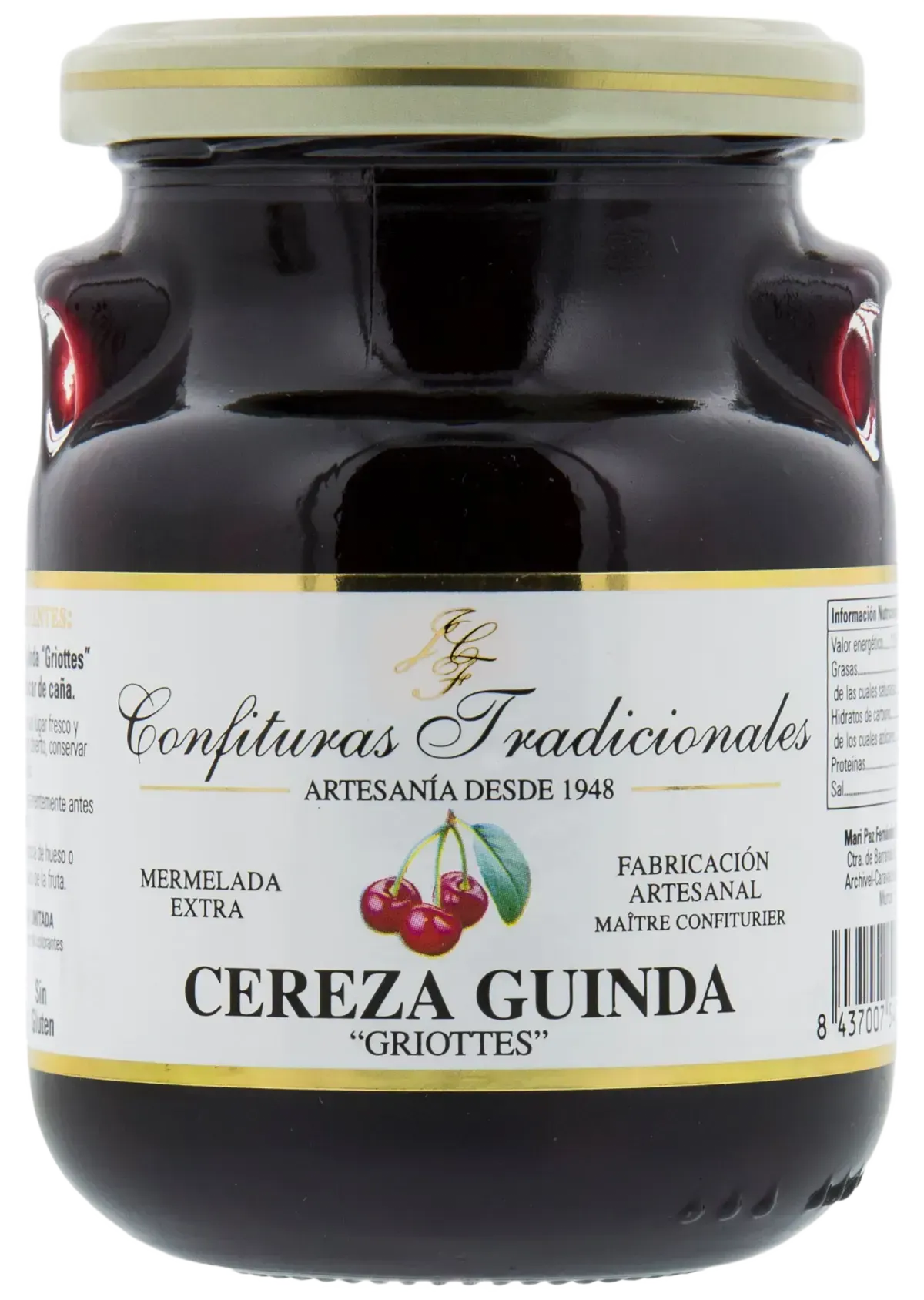 Tarro de mermelada de cerezas negras con etiqueta color crema y tapa dorada.