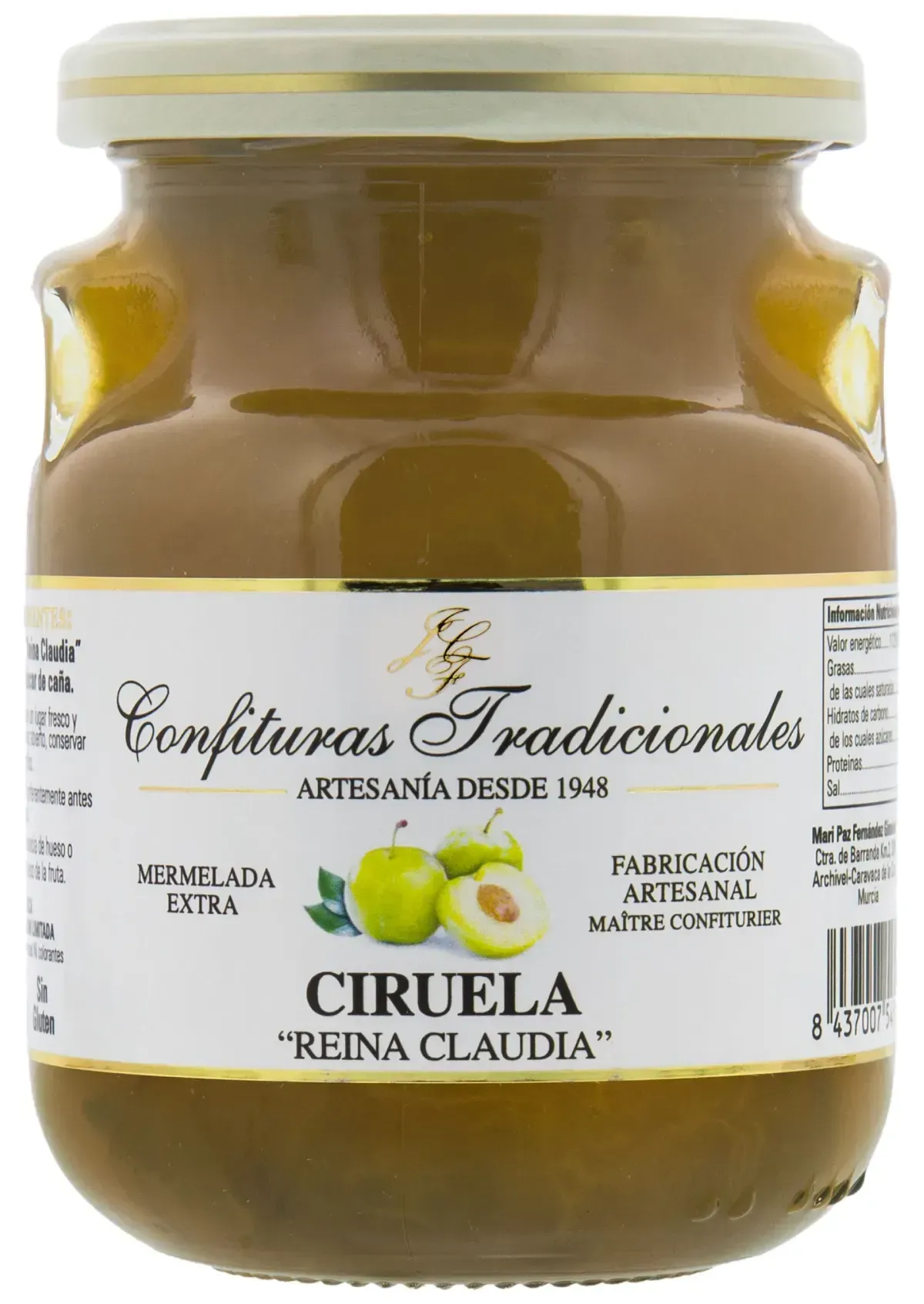 Tarro de mermelada casera de cerezas con la etiqueta “Ciruela Reina Claudia” y tapa blanca.