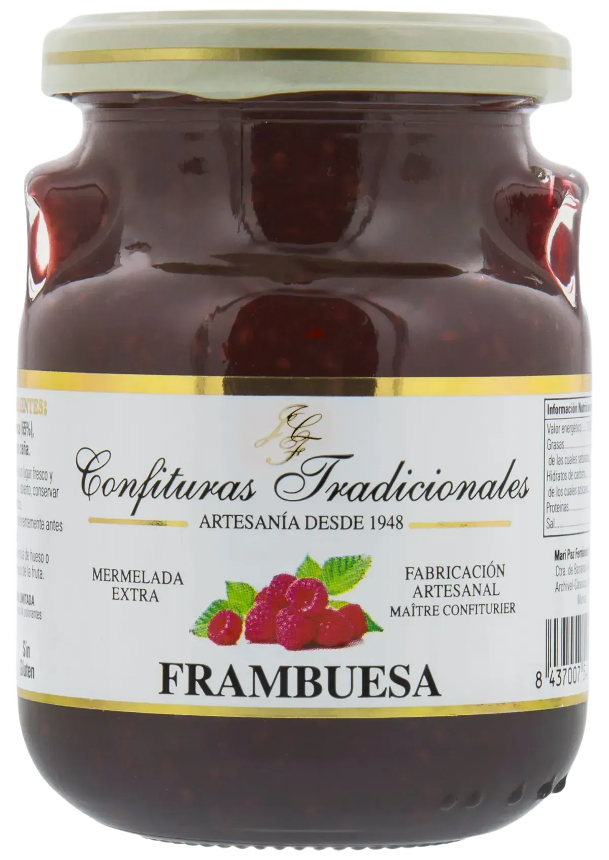 Tarro de mermelada de frambuesa con etiqueta blanca y tapa dorada.