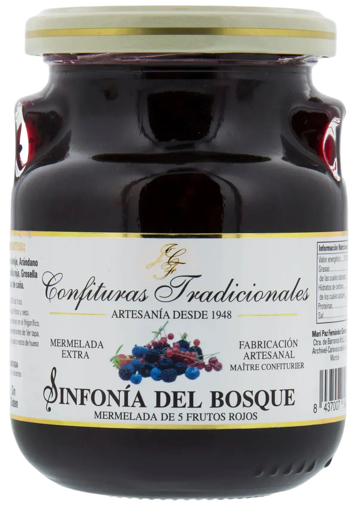 Tarro de mermelada de frutos rojos oscuros con la etiqueta “Sinfonía del Bosque” y etiqueta blanca y dorada.