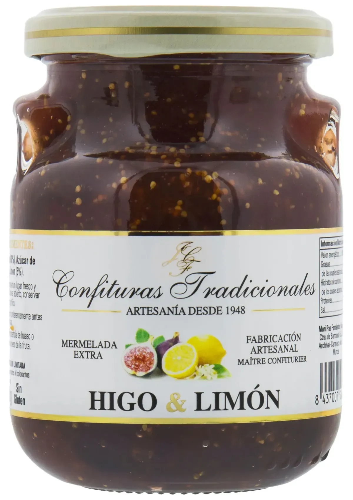 Tarro de mermelada oscura de higos y limón con tapa color crema y etiqueta que dice “Higo & Limón”.