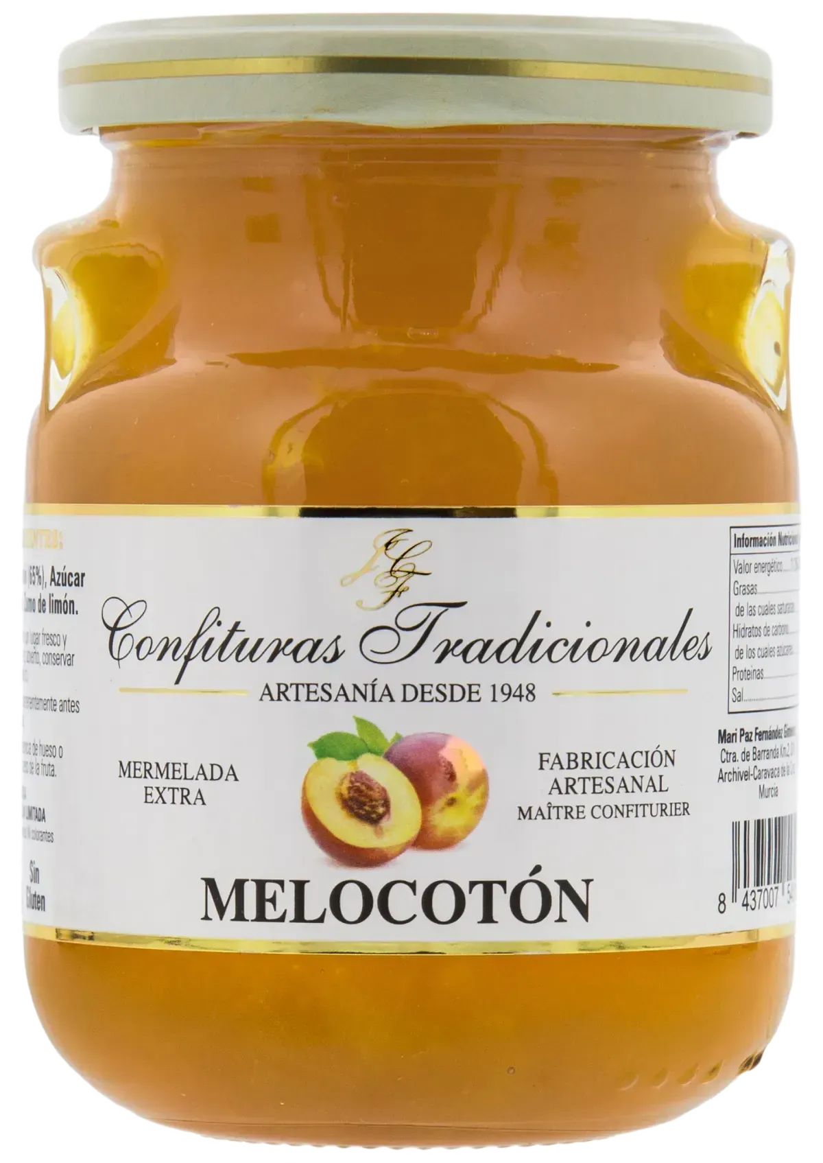 Tarro de mermelada de melocotón color ámbar con la etiqueta “Melocotón” y tapa blanca.