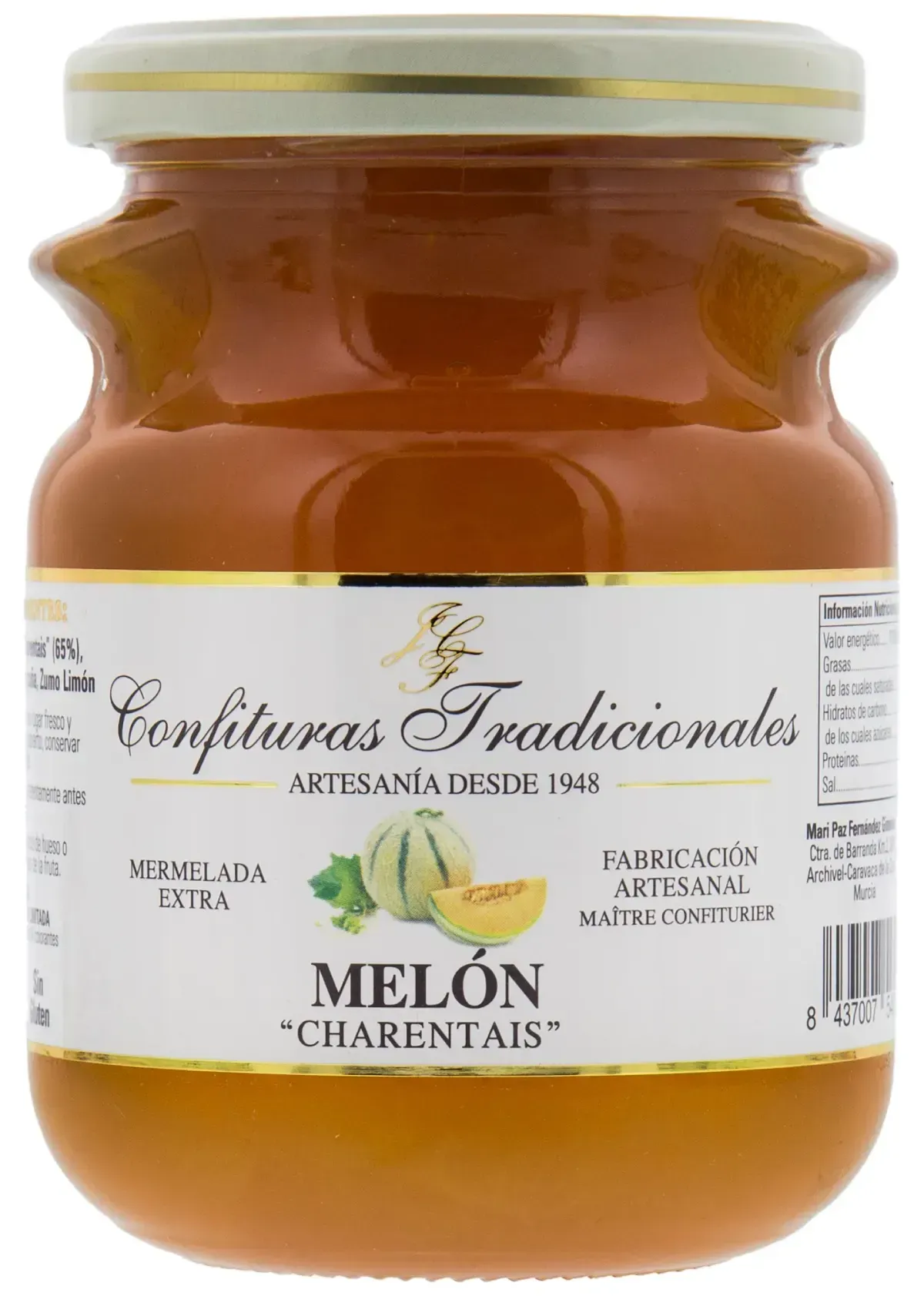Tarro de mermelada tradicional de Melón Charentais con etiqueta blanca y tapa dorada.