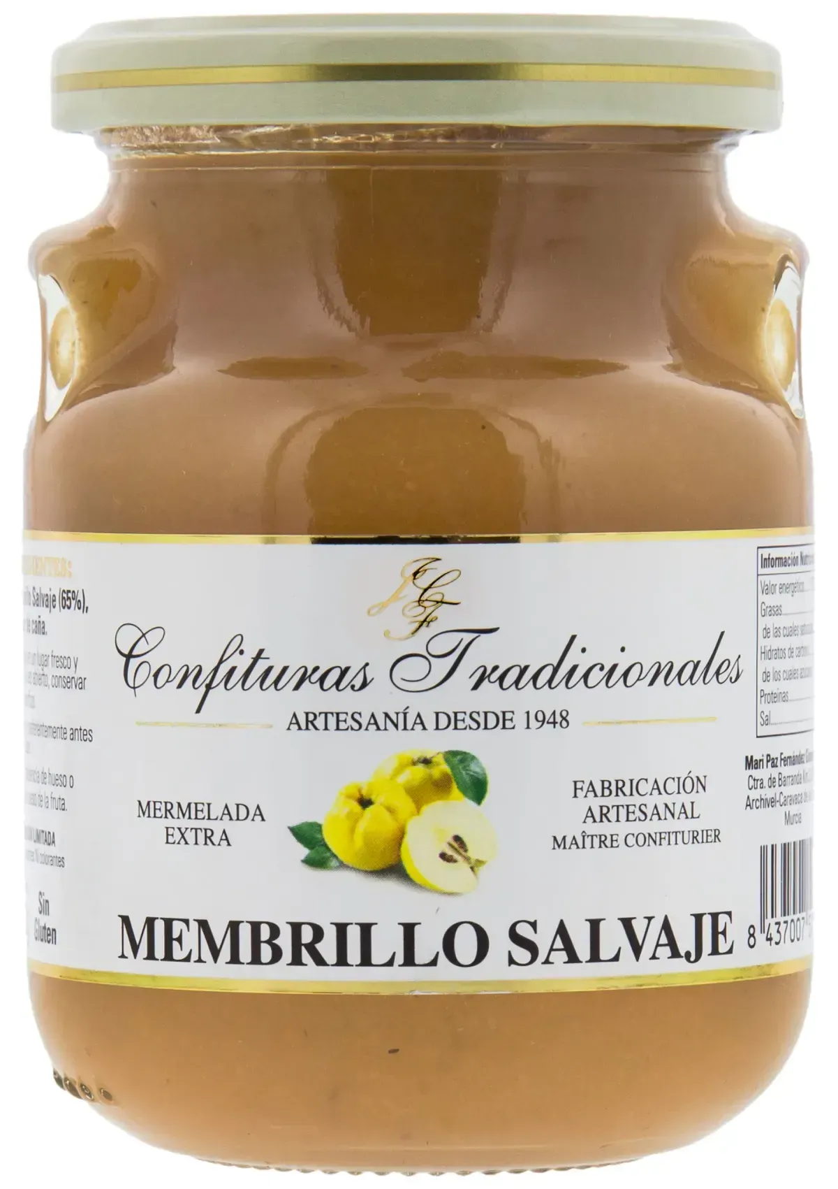Tarro de dulce de membrillo Salvaje tradicional con etiqueta color crema y tapa dorada.