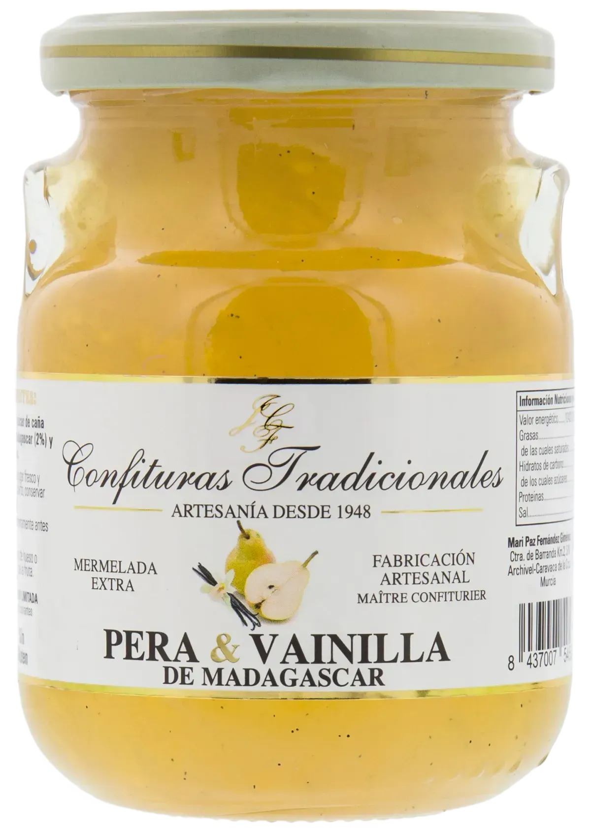 Tarro de mermelada de pera y vainilla con tapa blanca y contenido de color amarillo crema, etiquetado en español.