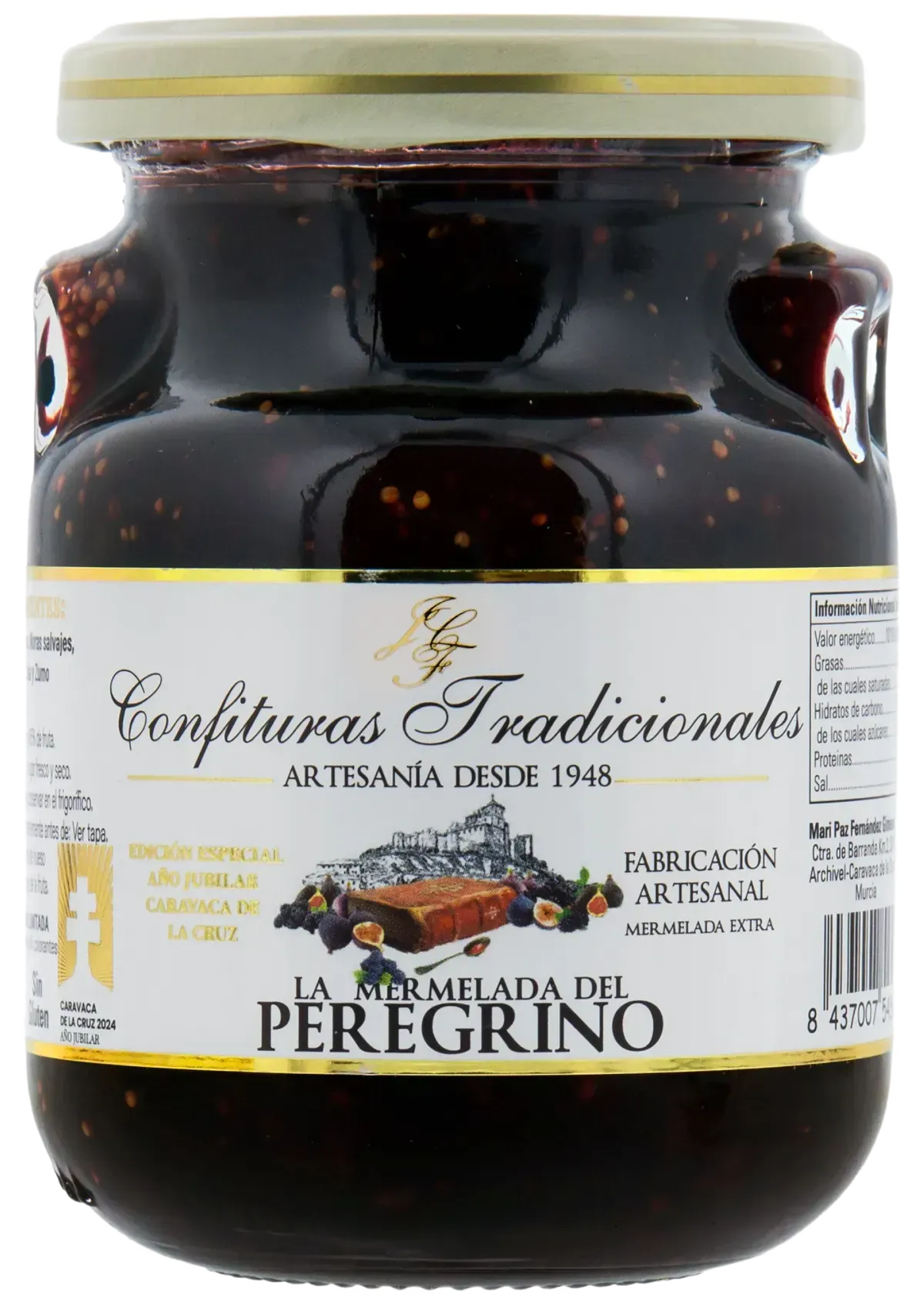 Tarro de mermelada de frutos rojos oscuros con tapa color crema y etiqueta que dice “La Emperatriz de PEREGRINO”