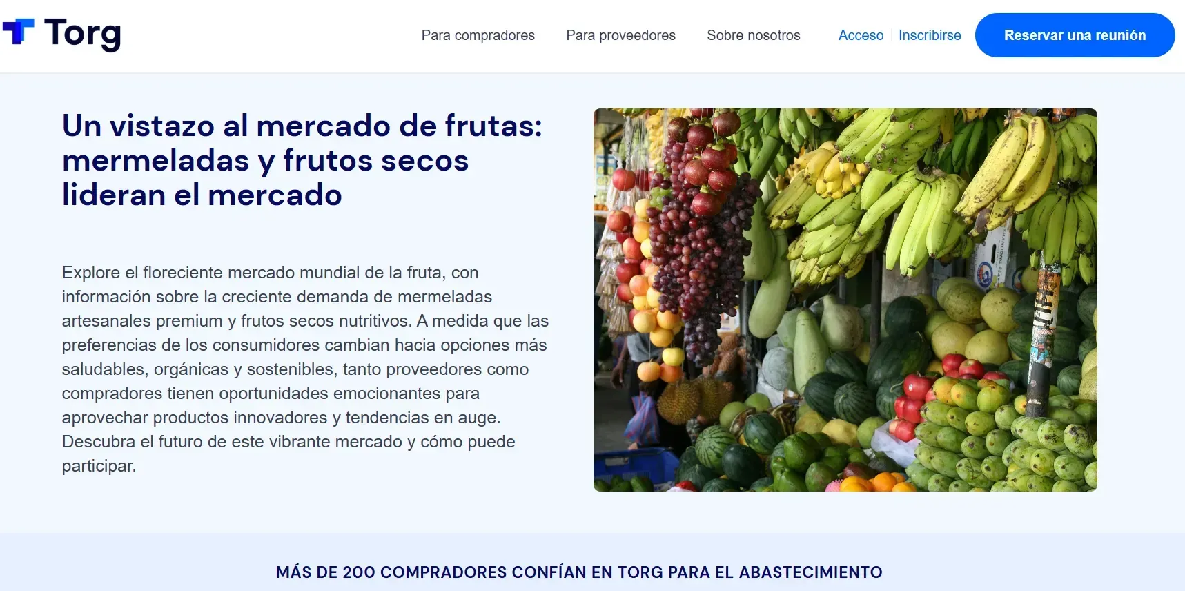 Página de inicio de Torg con un banner de un mercado de frutas con coloridos plátanos, uvas y cítricos