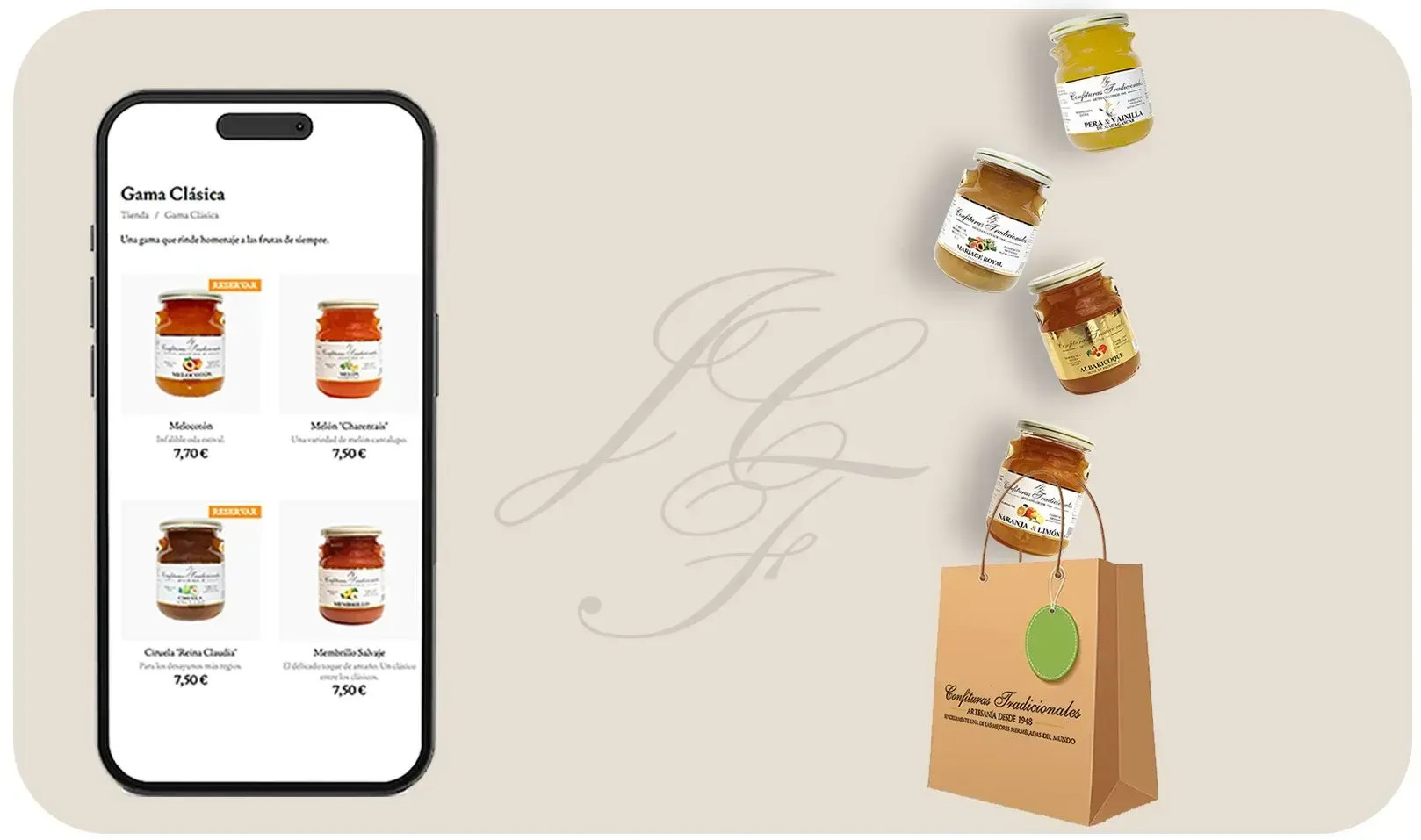 Teléfono que muestra listados de productos junto a frascos de café y una bolsa de papel para compras sobre un fondo beige.
