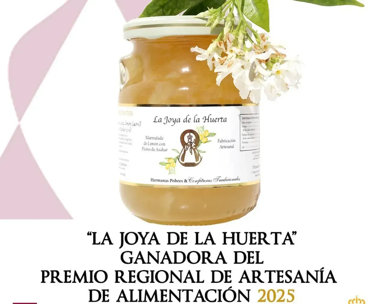 Tarro de miel con la etiqueta “La Joya de la Huerta”, con el texto del premio a la gastronomía artesanal regional 2025.