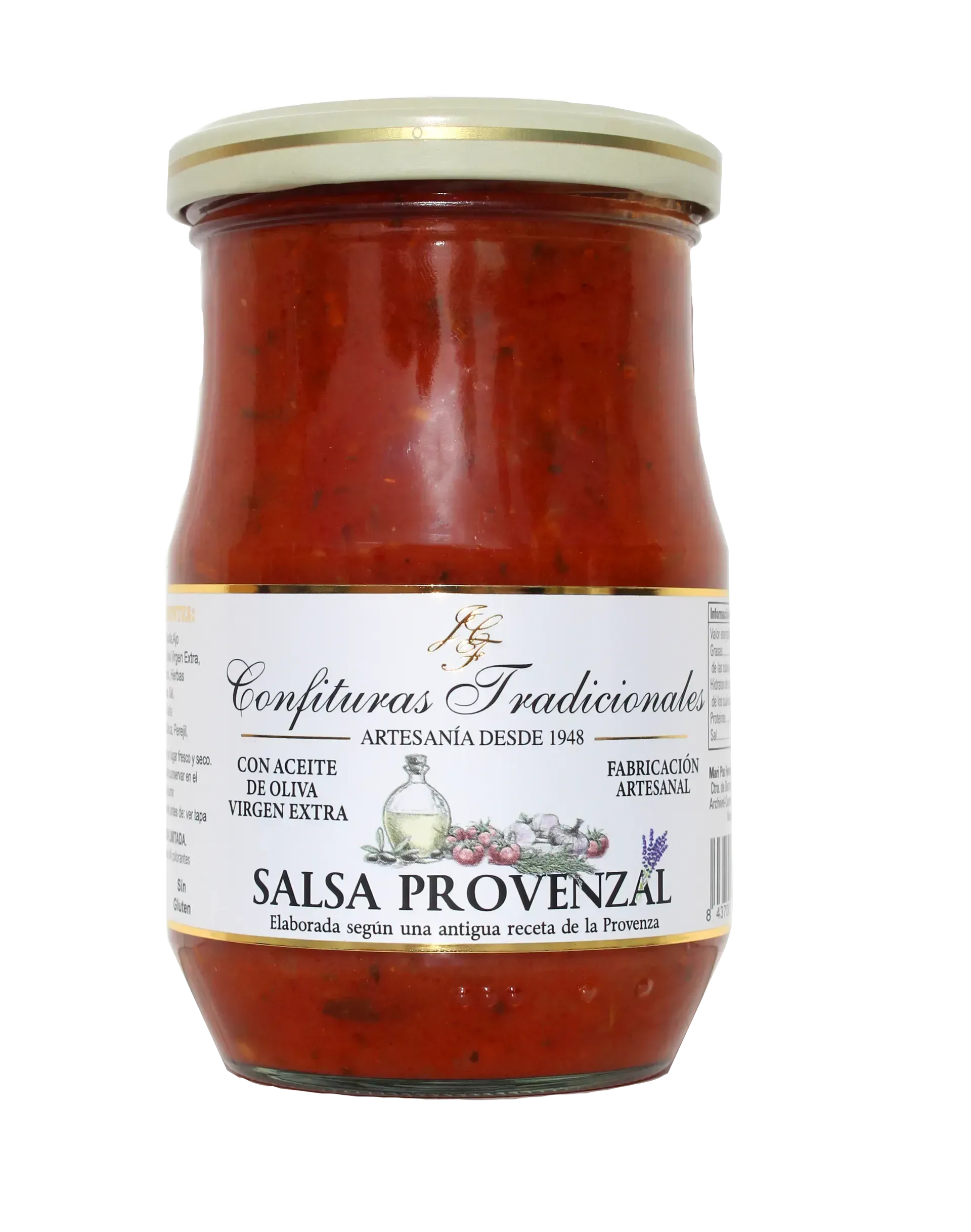 Tarro de salsa roja provenzal con tapa y etiqueta blancas sobre fondo liso.