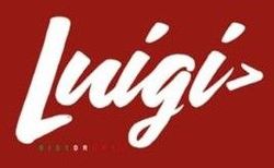 El logotipo de Luigi's en letras blancas sobre fondo rojo. Debajo, "VICTOR, NY" en letras pequeñas verdes.