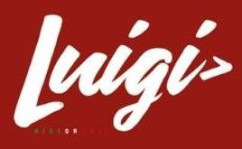 El logotipo de Luigi's en letras blancas sobre fondo rojo. Debajo, "VICTOR, NY" en letras pequeñas verdes.