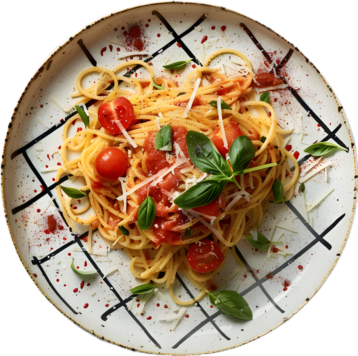 Espaguetis con salsa de tomate, tomates cherry, albahaca y queso en un plato estampado.