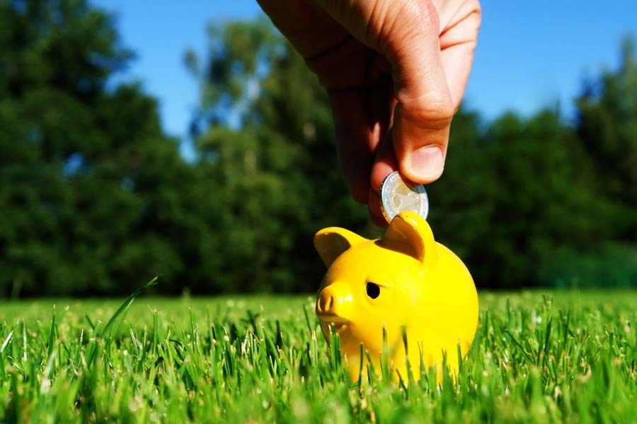 Personne mettant une pièce dans une tirelire jaune posée dans l'herbe