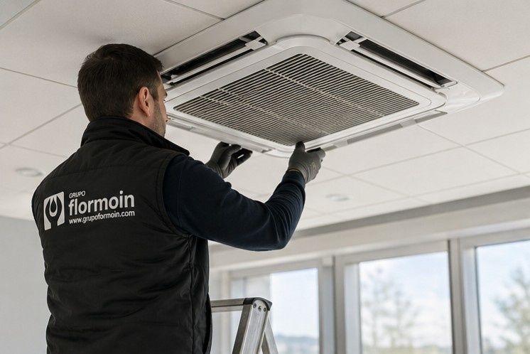 Técnico limpiando una rejilla de ventilación del sistema de climatización en el techo de una oficina luminosa.