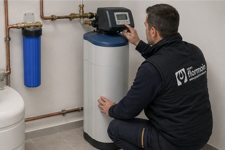Técnico realizando el mantenimiento de un sistema de ablandamiento de agua con un panel de control en un cuarto de servicio.