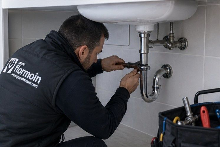 Plomero reparando las tuberías del lavabo debajo de un lavabo de baño con herramientas cerca