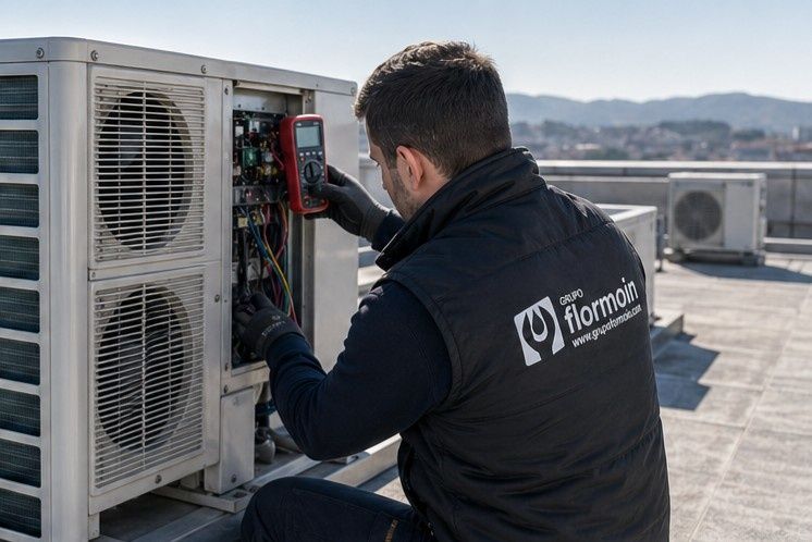 Técnico inspeccionando la unidad de climatización de la azotea con herramientas.