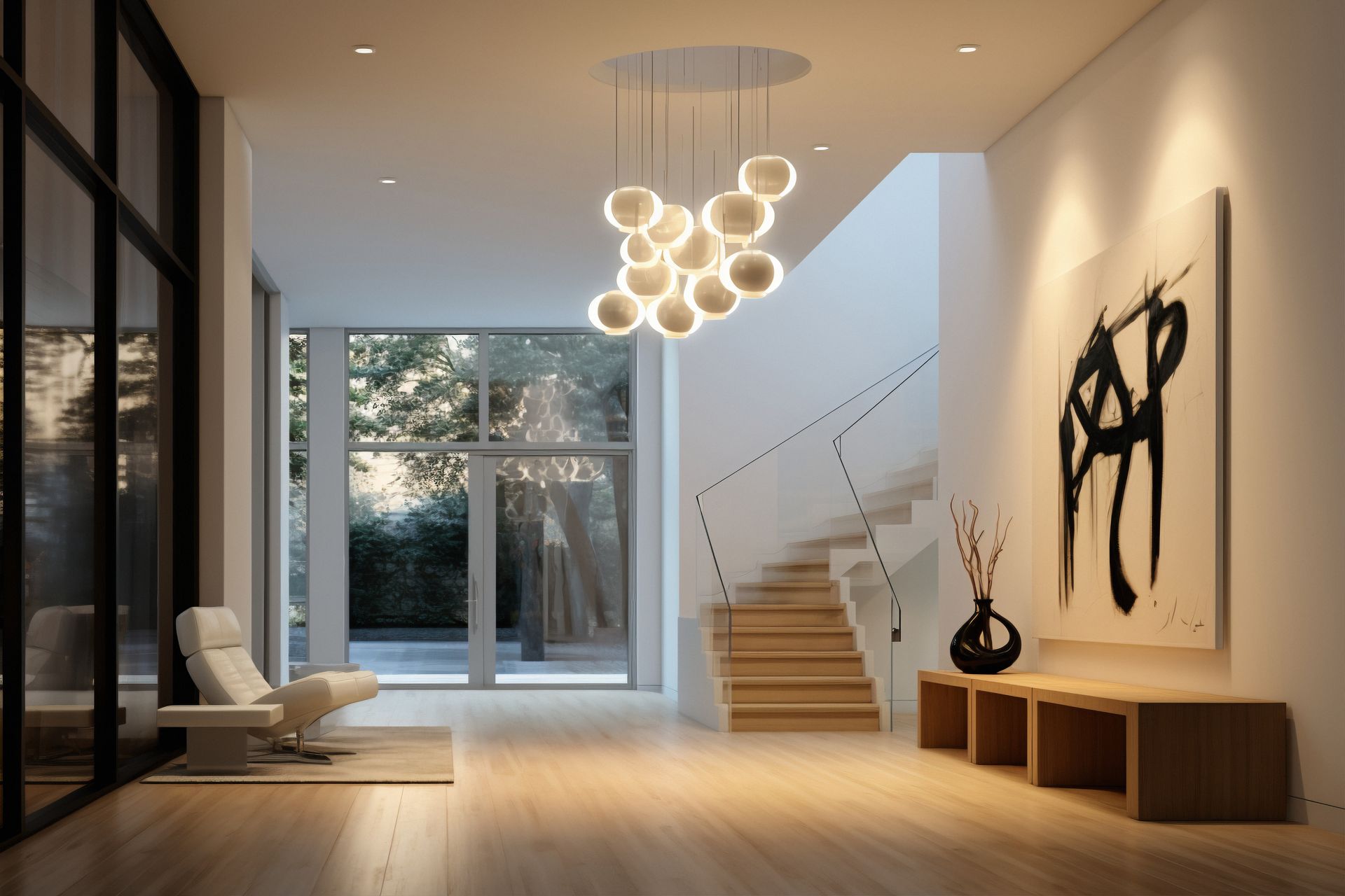Intérieur éclairé d'une maison moderne et zen avec des oeuvres d'art contemporaine