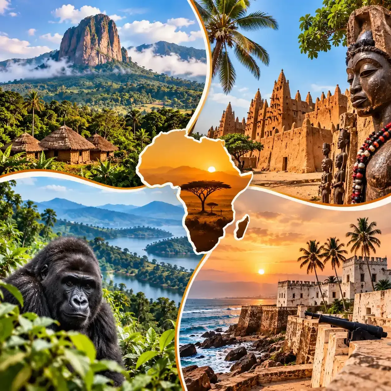 Collage de paisajes africanos, fauna salvaje y atardeceres costeros en cálidos tonos dorados