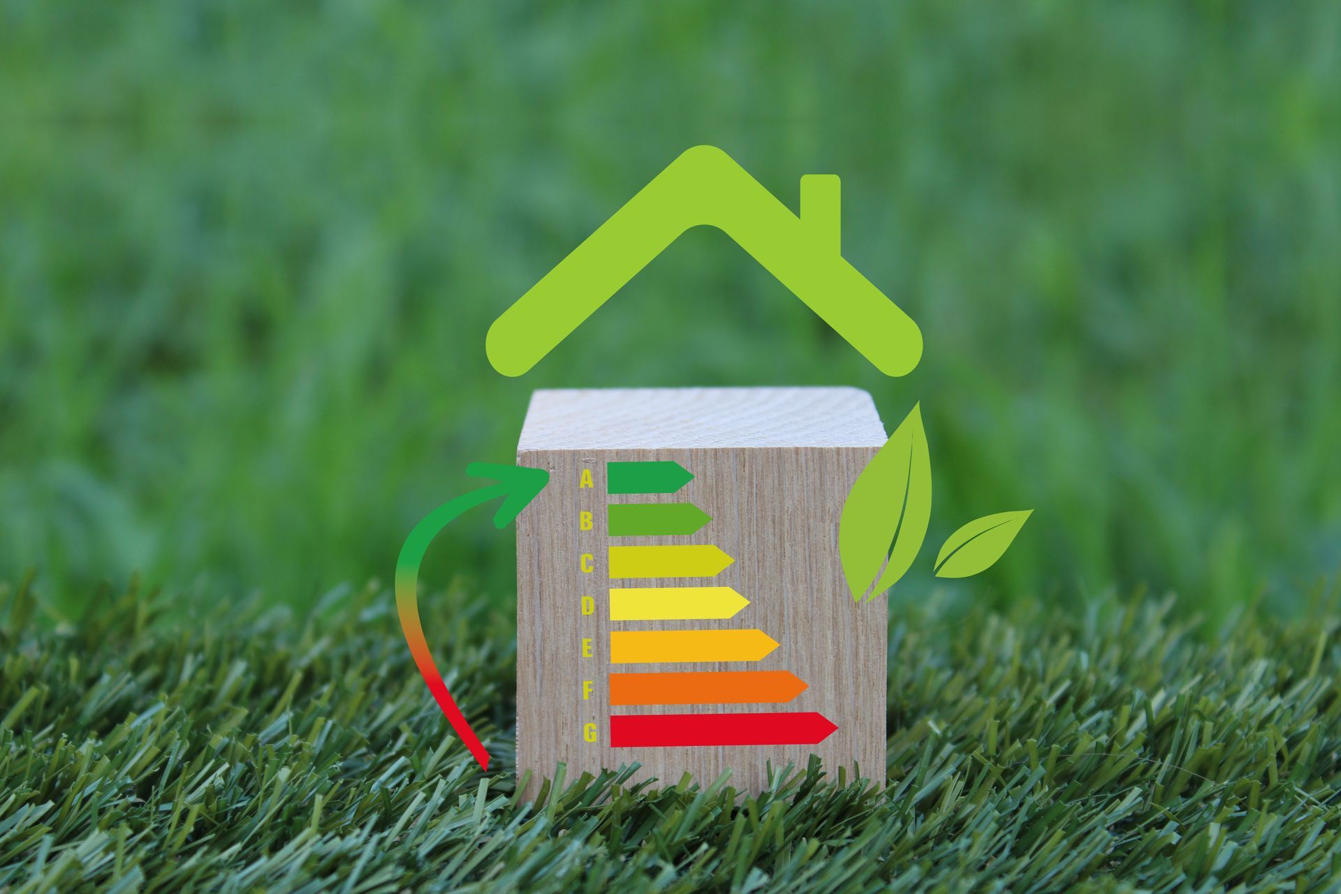 Illustration d'un cube en bois qui représente une maison avec la classification énergétique