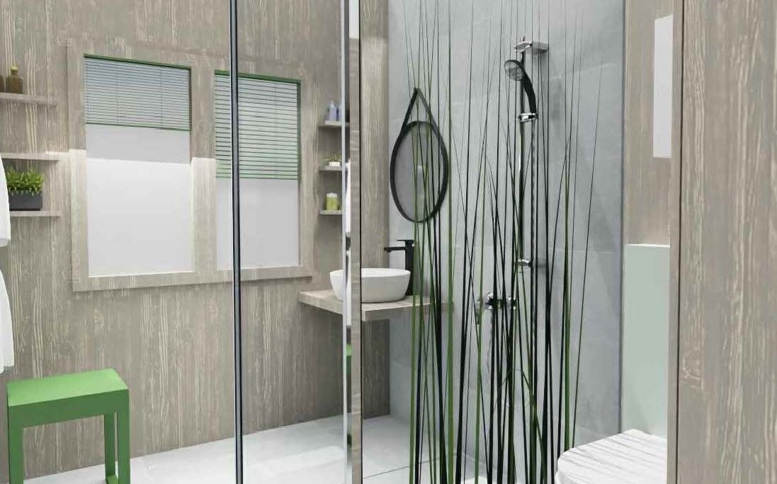 Une salle d'eau avec douche à l'italienne, lavabo et miroir.