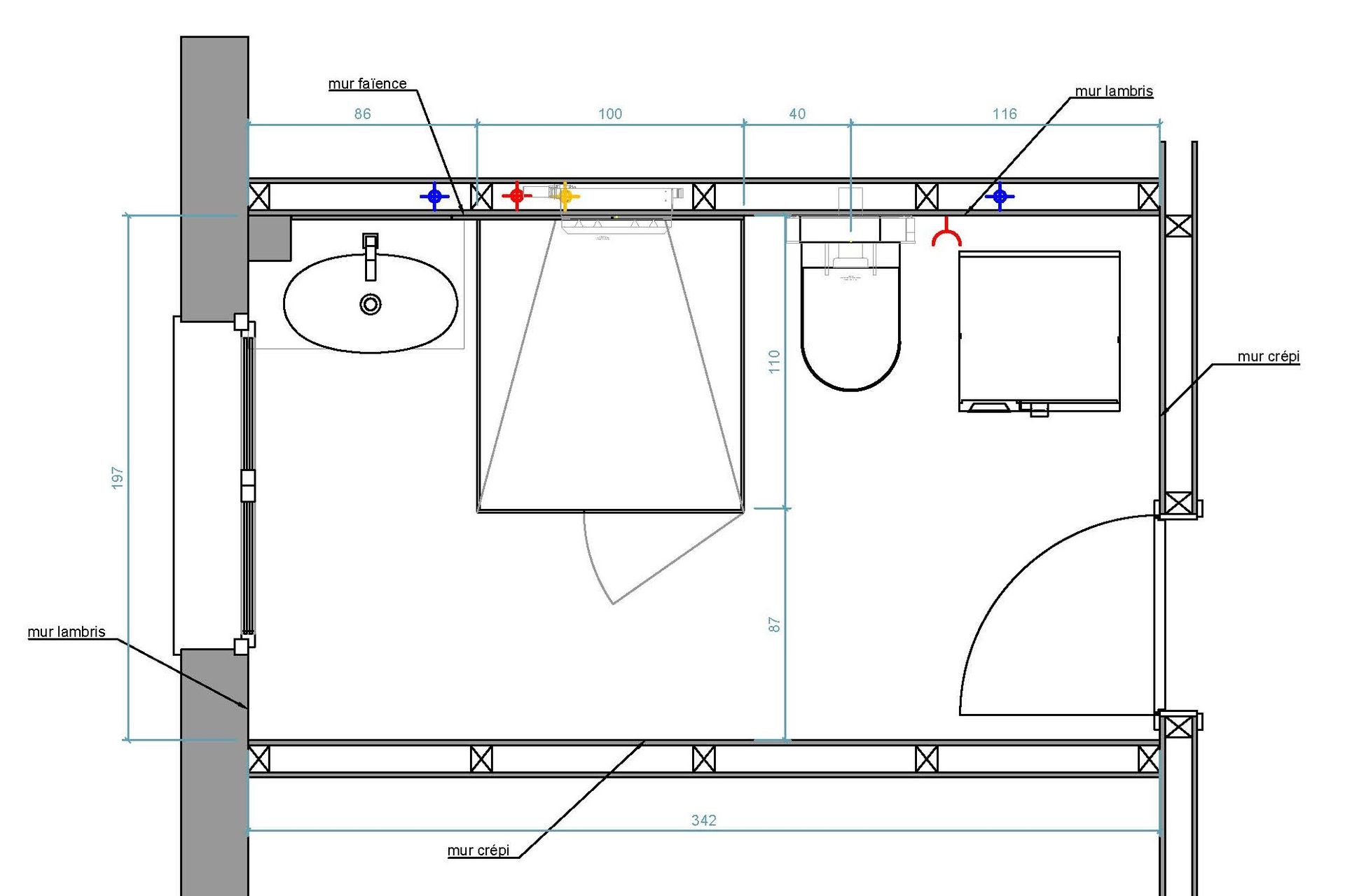Un dessin d'une salle de bain avec un lavabo et une porte.