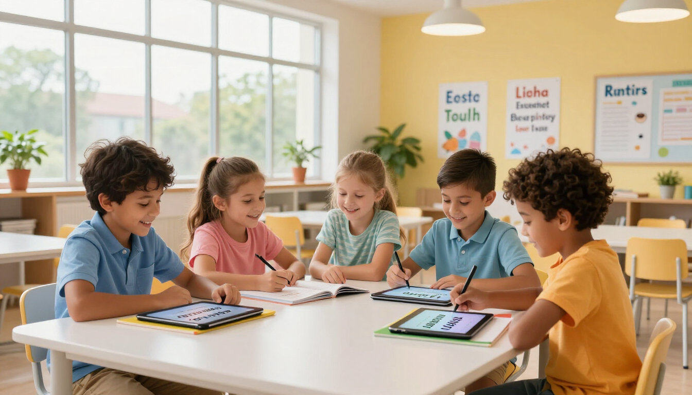 Niños felices estudiando inglés para exámenes oficiales de Cambridge