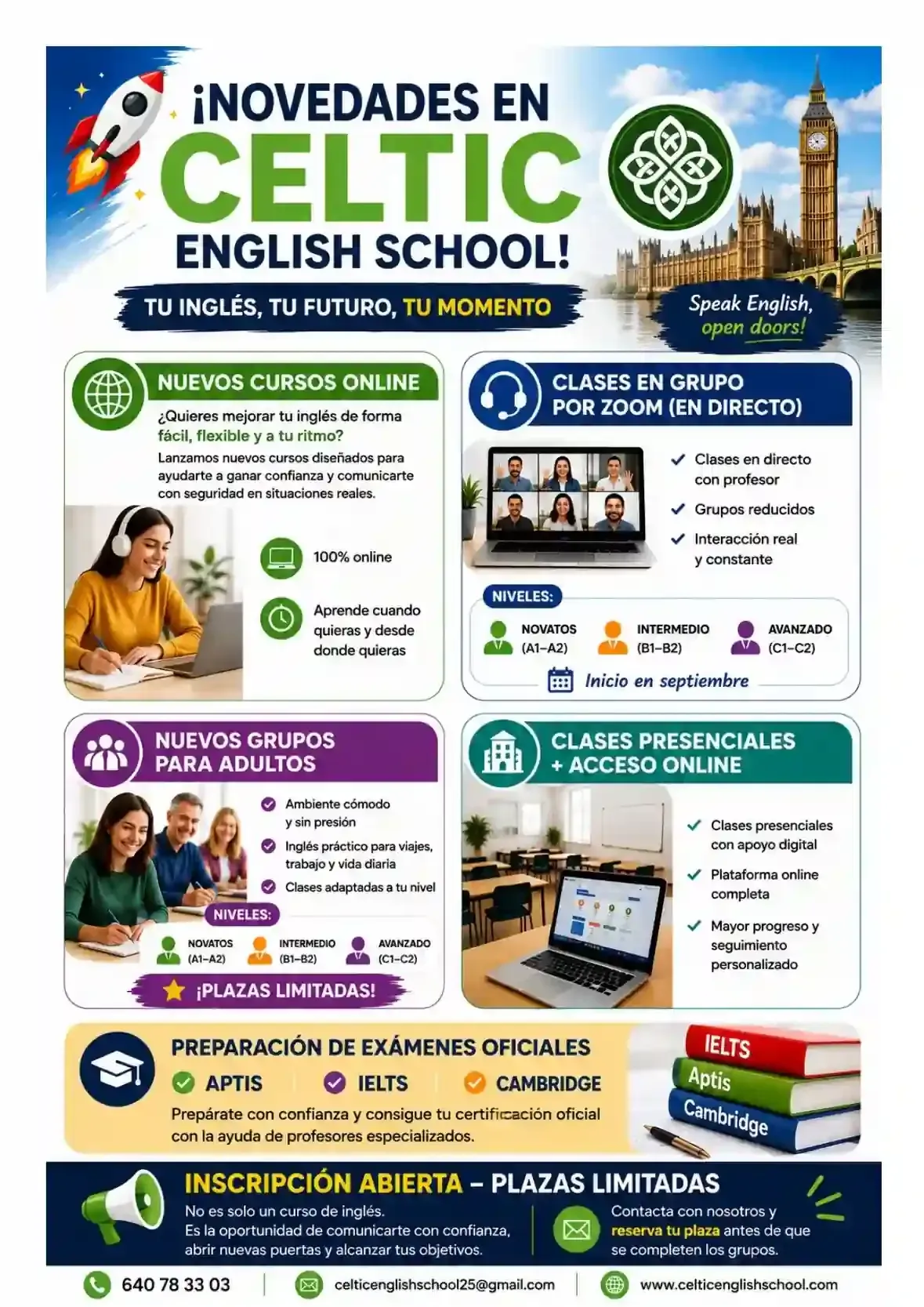 Cartel promocional de un curso de español con fondo verde, estudiantes y detalles del curso en texto.