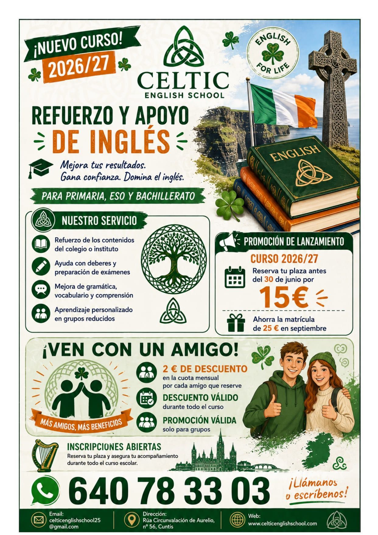 Cartel de la Escuela Celta en verde y dorado que anuncia clases particulares, campamentos y lecciones de inglés en línea.