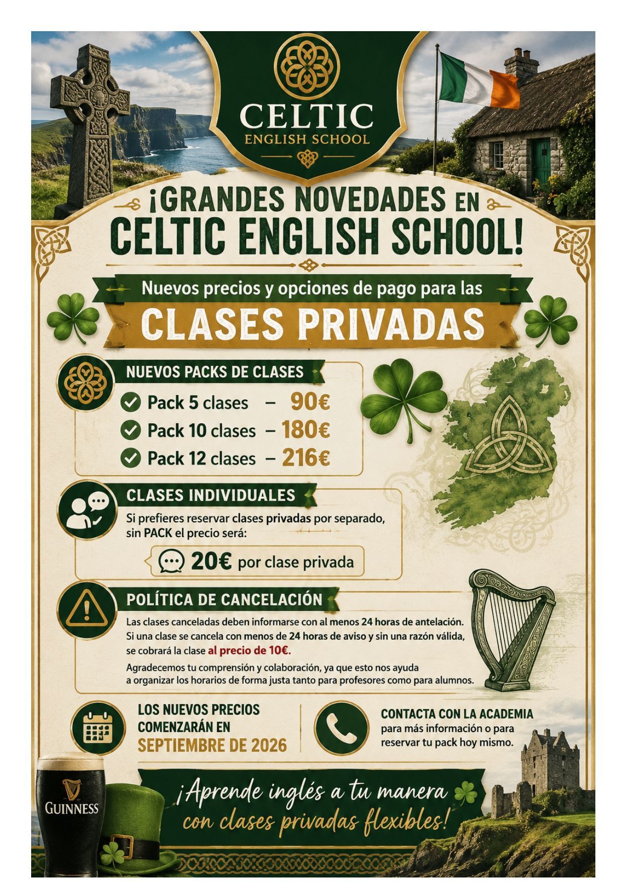 Cartel de la Escuela Celta en verde y dorado que anuncia clases particulares, campamentos y lecciones de inglés en línea.
