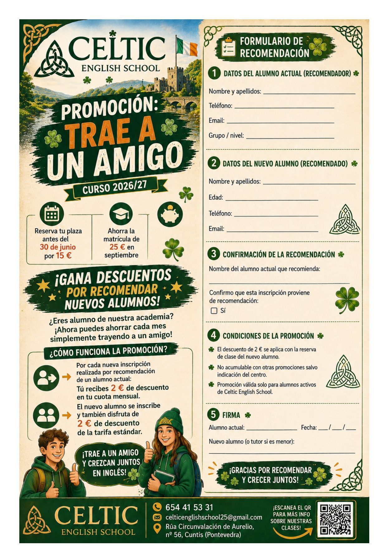 Cartel verde de CELTIC promocionando “Trae a un amigo” con ofertas, pasos y un código QR.