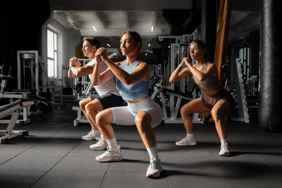 PV Gesundheitstraining - Drei Personen in einem dunklen Fitnessstudio machen Kniebeugen