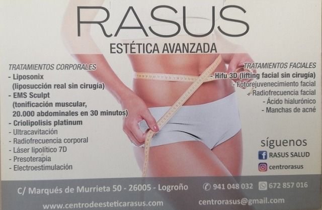Publicidad de RASUS Estética Avanzada con tratamiento corporal y una figura femenina con ropa interior blanca.