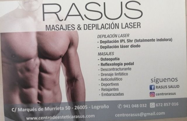 Anuncio de los servicios de depilación láser y masajes de Rasus con foto del torso y datos de contacto.