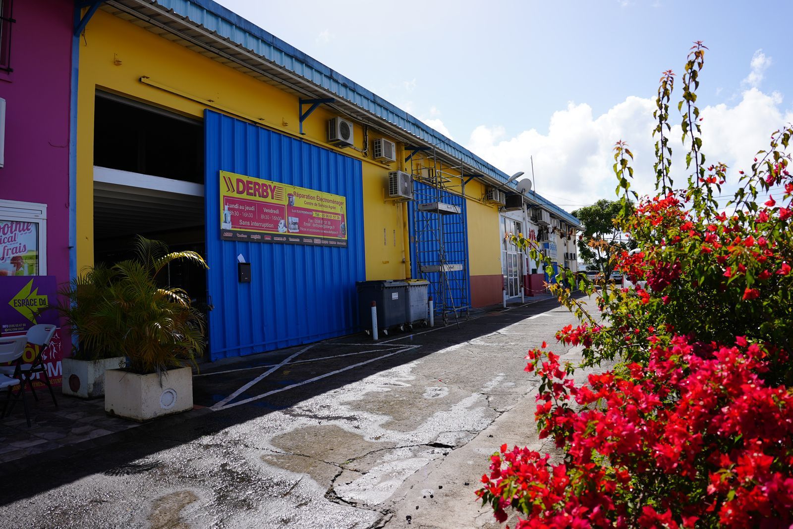 Bâtiment jaune et bleu avec porte bleue ouverte, panneau, trottoir fissuré et fleurs rouges.