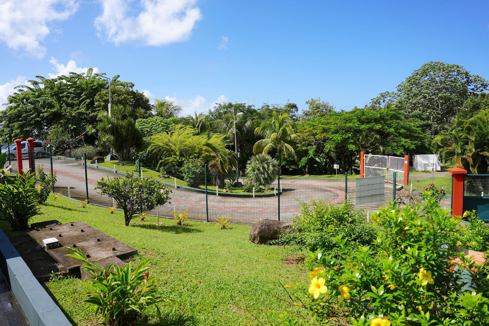 Pelouse verte avec des arbres et une allée sous un ciel bleu vif.