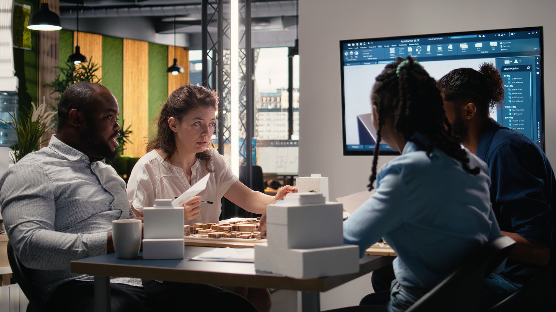 Quatre collègues en réunion, examinant des documents et un écran affichant des données. Bureau, lumière du jour.